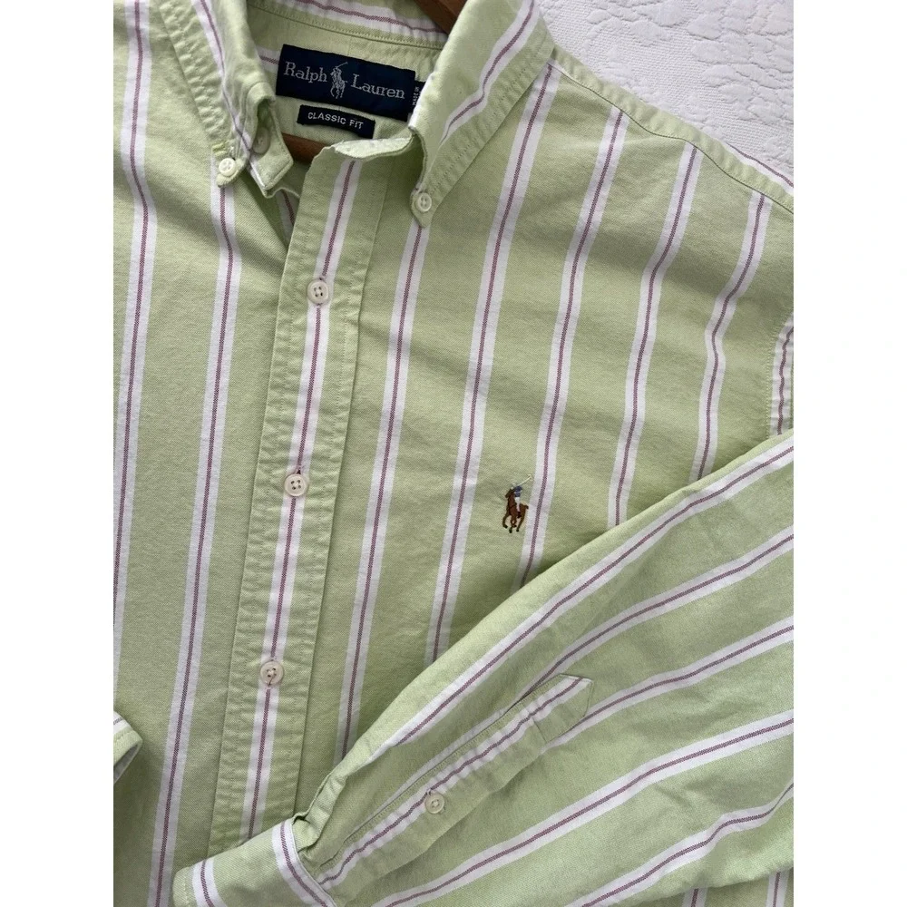 Ralph Lauren Shirt Mens L Green Stripe Oxford Classic Fit Button Down Flesh Pony